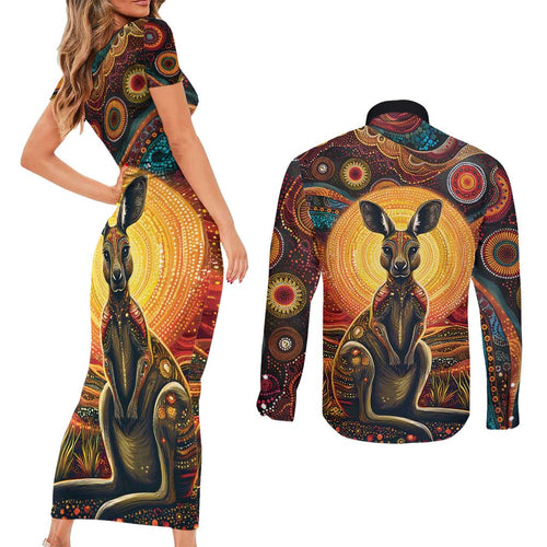 Australian Aboriginal Art Kangaroo Couples Matching Short Sleeve Bodycon Dress and Long Sleeve Button Shirt Maintain the Dreaming Aboriginal Dot Painting