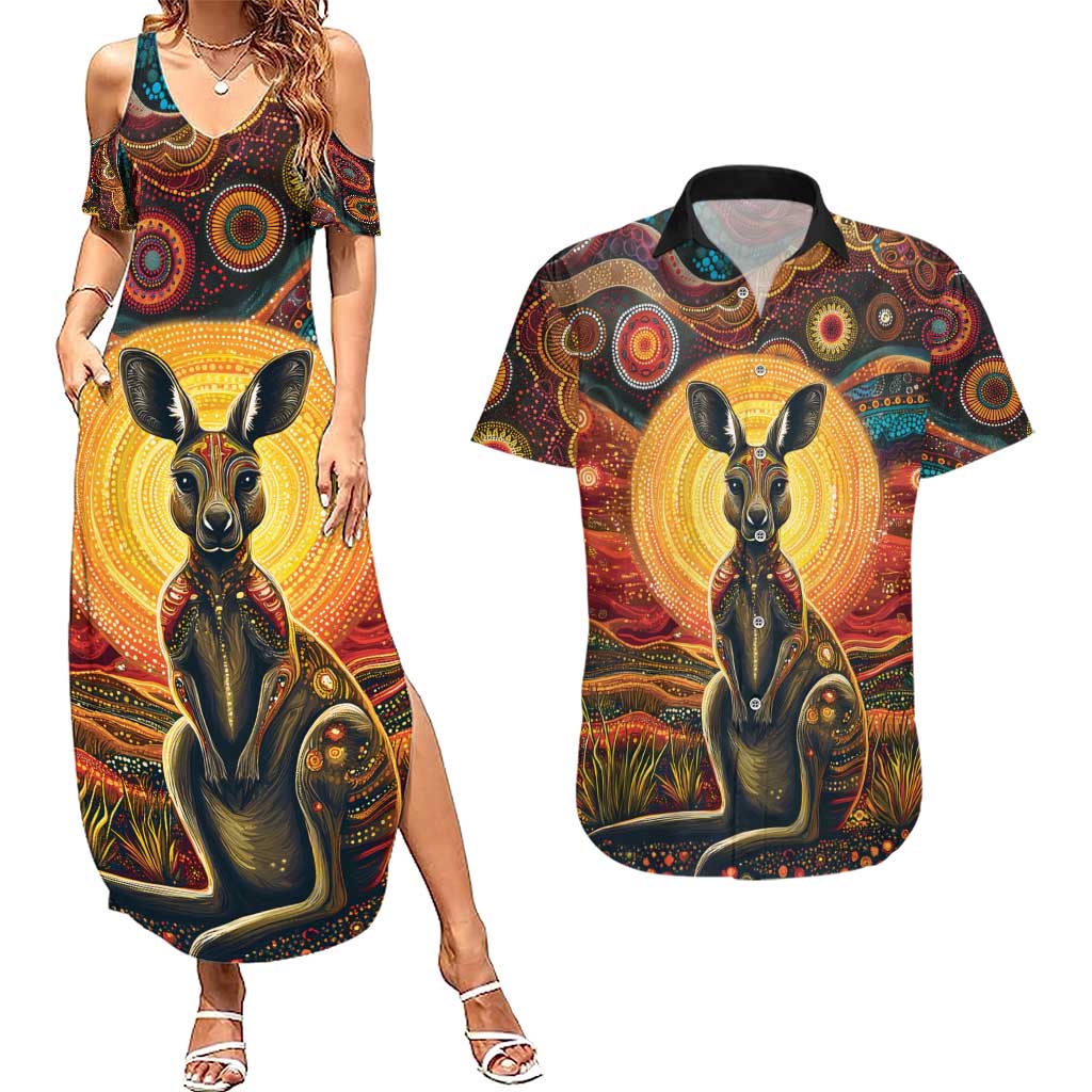 Australian Aboriginal Art Kangaroo Couples Matching Summer Maxi Dress and Hawaiian Shirt Maintain the Dreaming Aboriginal Dot Painting