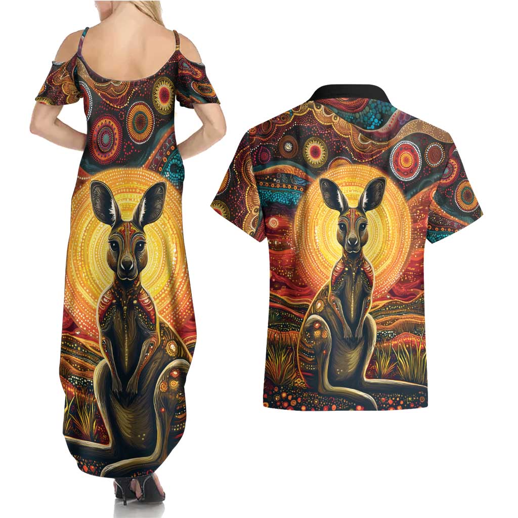 Australian Aboriginal Art Kangaroo Couples Matching Summer Maxi Dress and Hawaiian Shirt Maintain the Dreaming Aboriginal Dot Painting