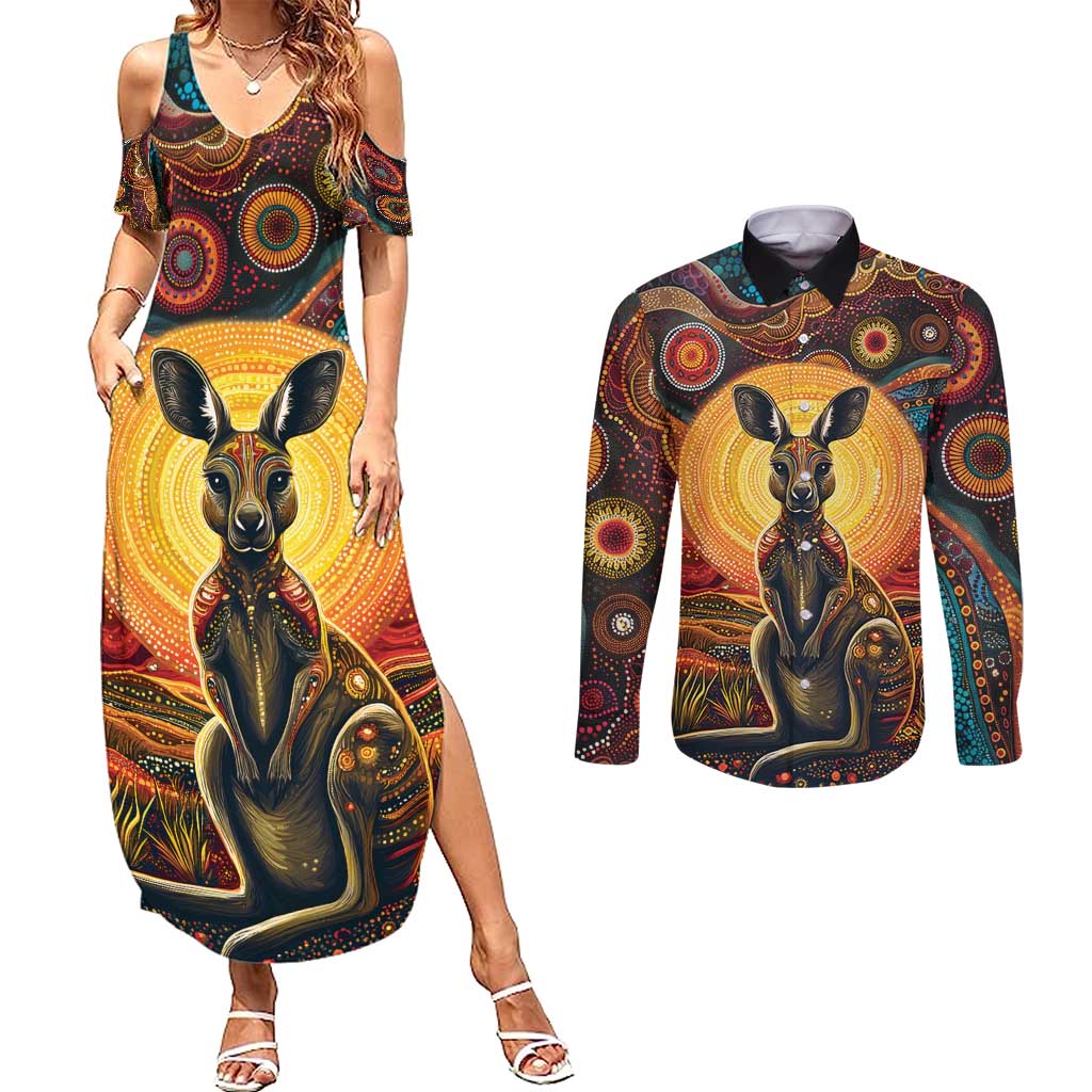 Australian Aboriginal Art Kangaroo Couples Matching Summer Maxi Dress and Long Sleeve Button Shirt Maintain the Dreaming Aboriginal Dot Painting