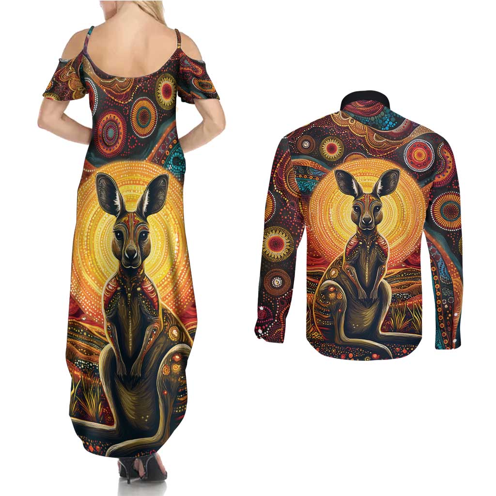 Australian Aboriginal Art Kangaroo Couples Matching Summer Maxi Dress and Long Sleeve Button Shirt Maintain the Dreaming Aboriginal Dot Painting