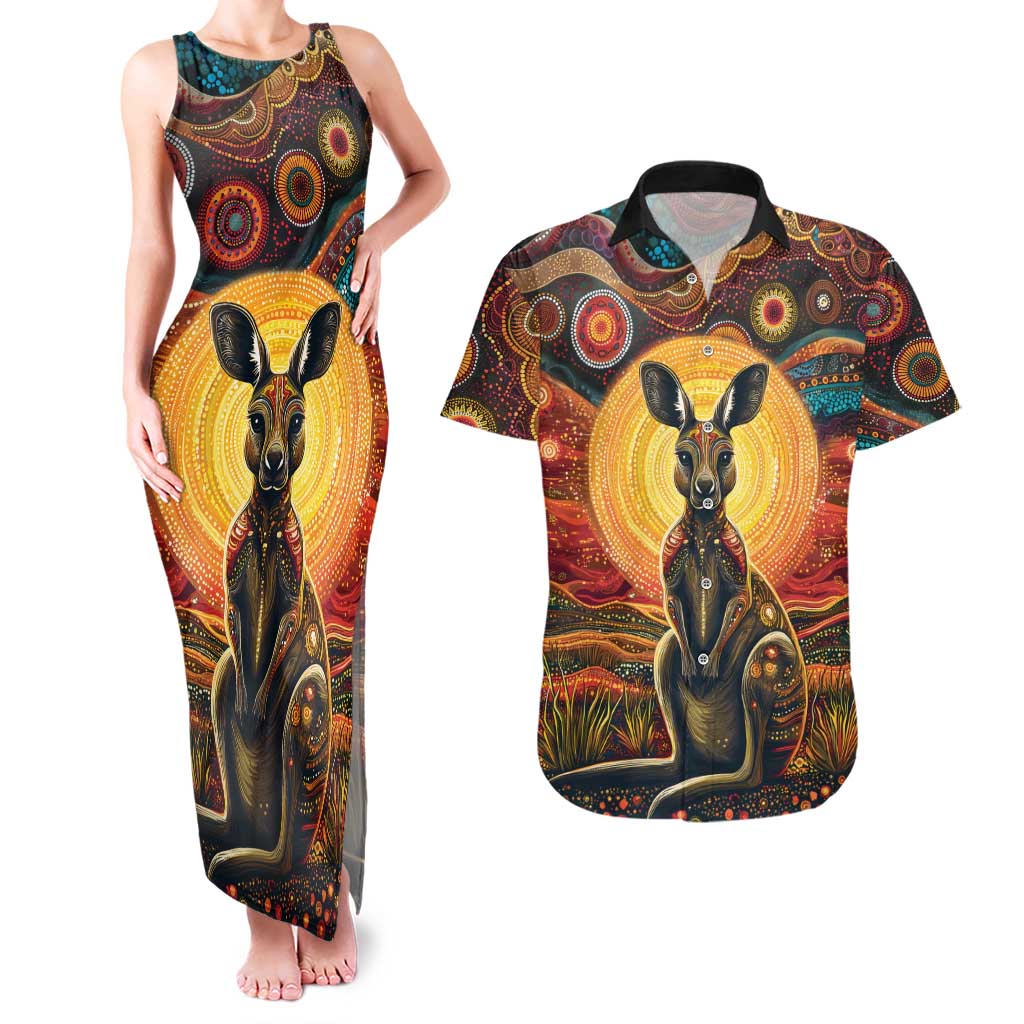 Australian Aboriginal Art Kangaroo Couples Matching Tank Maxi Dress and Hawaiian Shirt Maintain the Dreaming Aboriginal Dot Painting