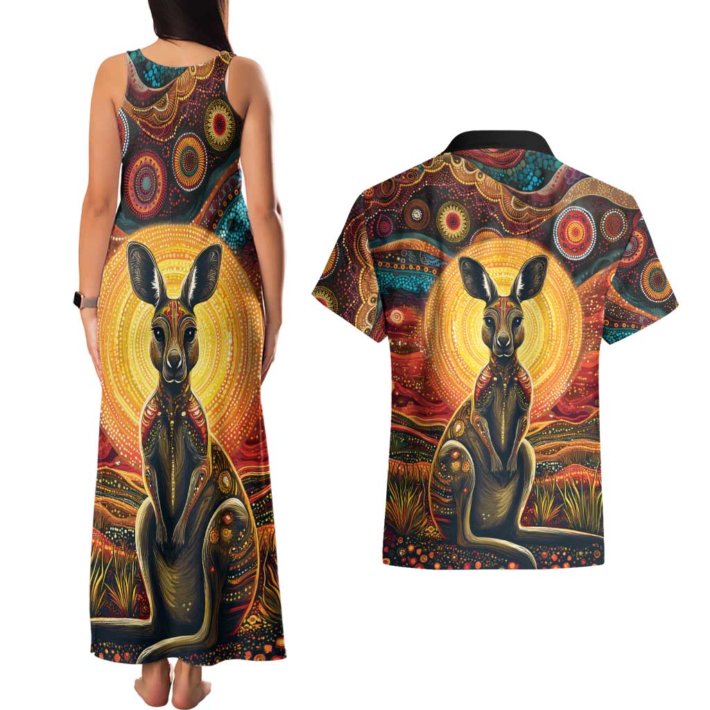 Australian Aboriginal Art Kangaroo Couples Matching Tank Maxi Dress and Hawaiian Shirt Maintain the Dreaming Aboriginal Dot Painting