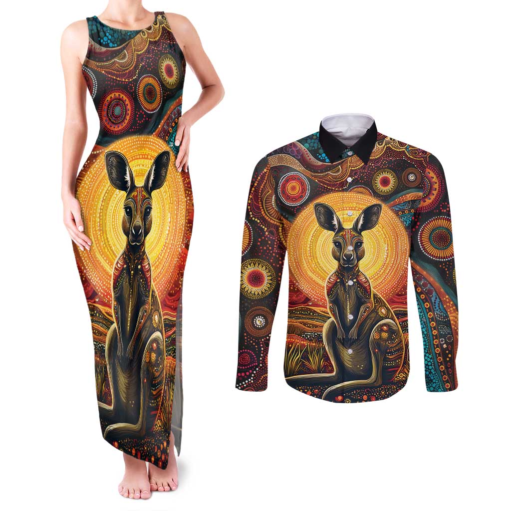 Australian Aboriginal Art Kangaroo Couples Matching Tank Maxi Dress and Long Sleeve Button Shirt Maintain the Dreaming Aboriginal Dot Painting