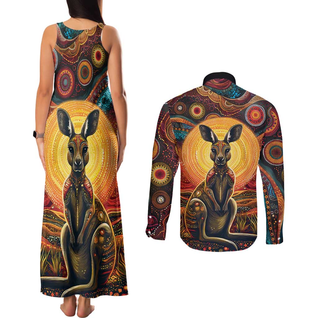 Australian Aboriginal Art Kangaroo Couples Matching Tank Maxi Dress and Long Sleeve Button Shirt Maintain the Dreaming Aboriginal Dot Painting