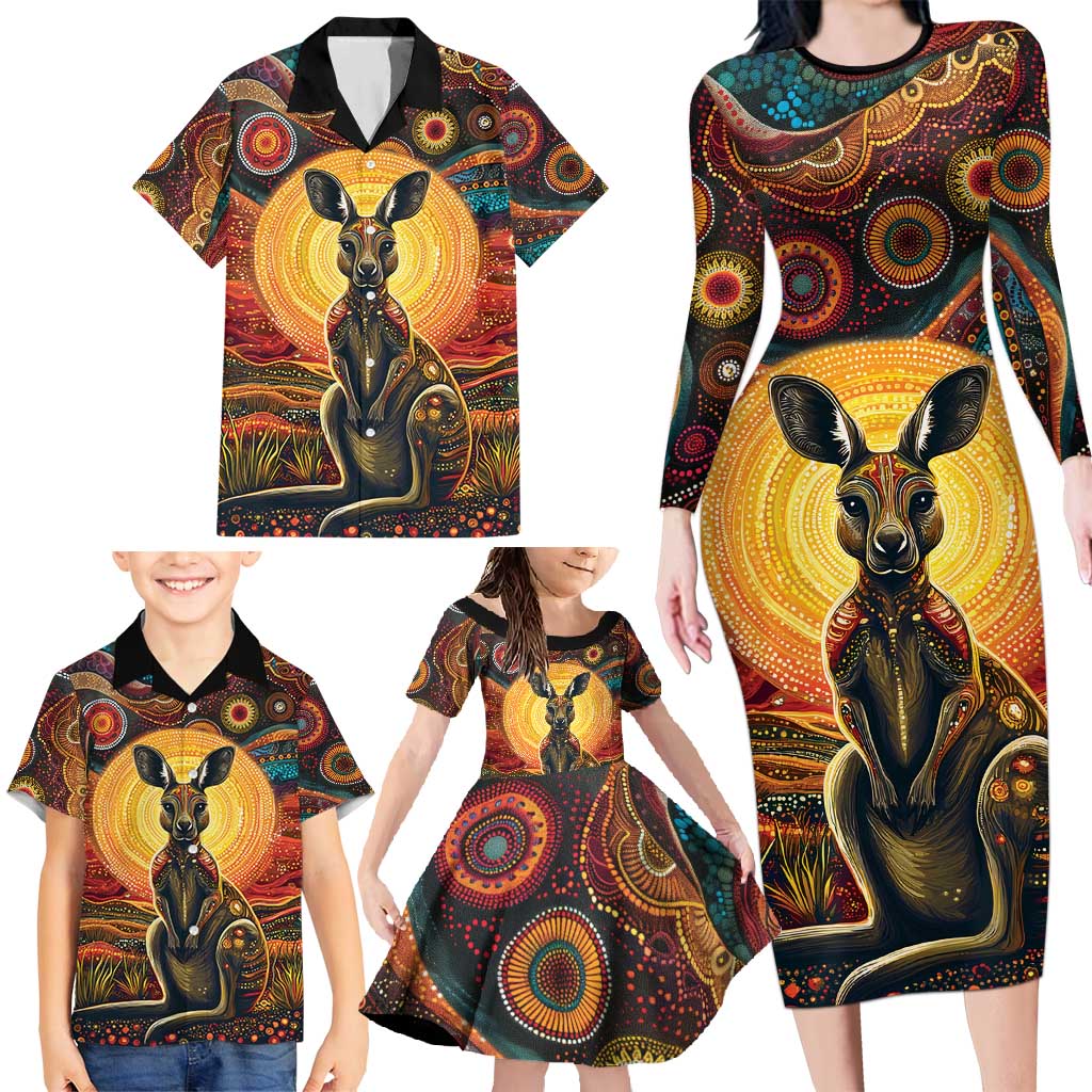 Australian Aboriginal Art Kangaroo Family Matching Long Sleeve Bodycon Dress and Hawaiian Shirt Maintain the Dreaming Aboriginal Dot Painting