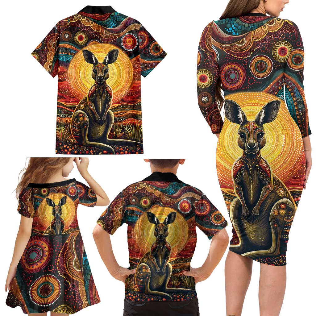 Australian Aboriginal Art Kangaroo Family Matching Long Sleeve Bodycon Dress and Hawaiian Shirt Maintain the Dreaming Aboriginal Dot Painting