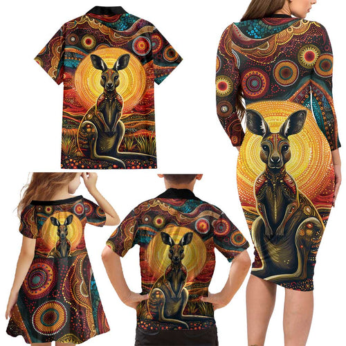 Australian Aboriginal Art Kangaroo Family Matching Long Sleeve Bodycon Dress and Hawaiian Shirt Maintain the Dreaming Aboriginal Dot Painting