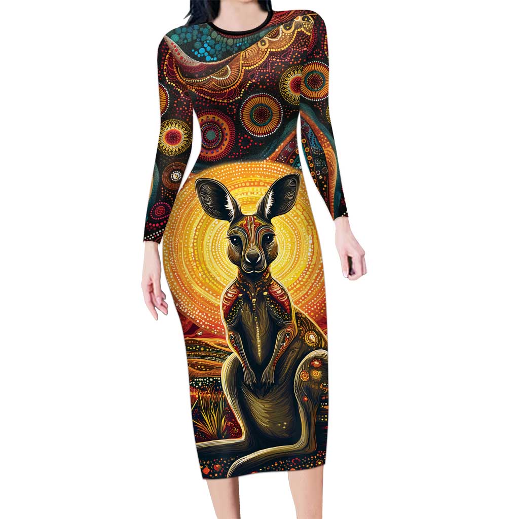 Australian Aboriginal Art Kangaroo Family Matching Long Sleeve Bodycon Dress and Hawaiian Shirt Maintain the Dreaming Aboriginal Dot Painting