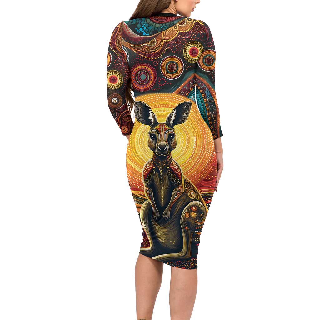 Australian Aboriginal Art Kangaroo Family Matching Long Sleeve Bodycon Dress and Hawaiian Shirt Maintain the Dreaming Aboriginal Dot Painting