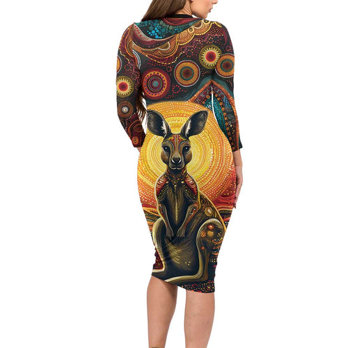 Australian Aboriginal Art Kangaroo Family Matching Long Sleeve Bodycon Dress and Hawaiian Shirt Maintain the Dreaming Aboriginal Dot Painting