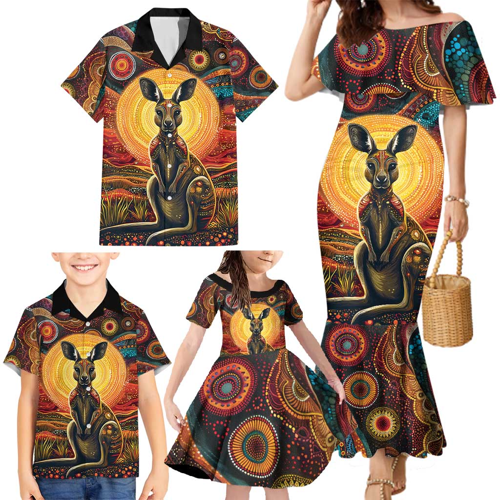 Australian Aboriginal Art Kangaroo Family Matching Mermaid Dress and Hawaiian Shirt Maintain the Dreaming Aboriginal Dot Painting