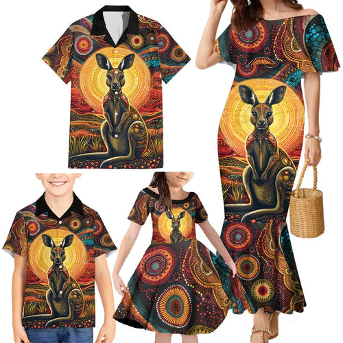 Australian Aboriginal Art Kangaroo Family Matching Mermaid Dress and Hawaiian Shirt Maintain the Dreaming Aboriginal Dot Painting