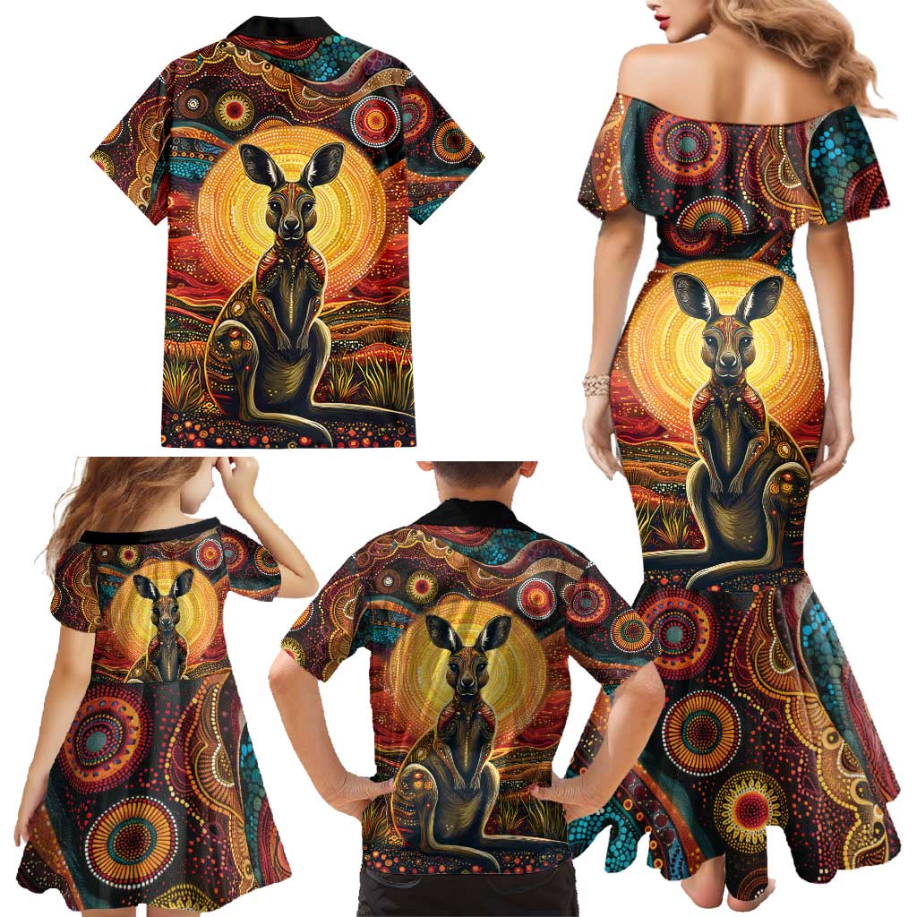 Australian Aboriginal Art Kangaroo Family Matching Mermaid Dress and Hawaiian Shirt Maintain the Dreaming Aboriginal Dot Painting