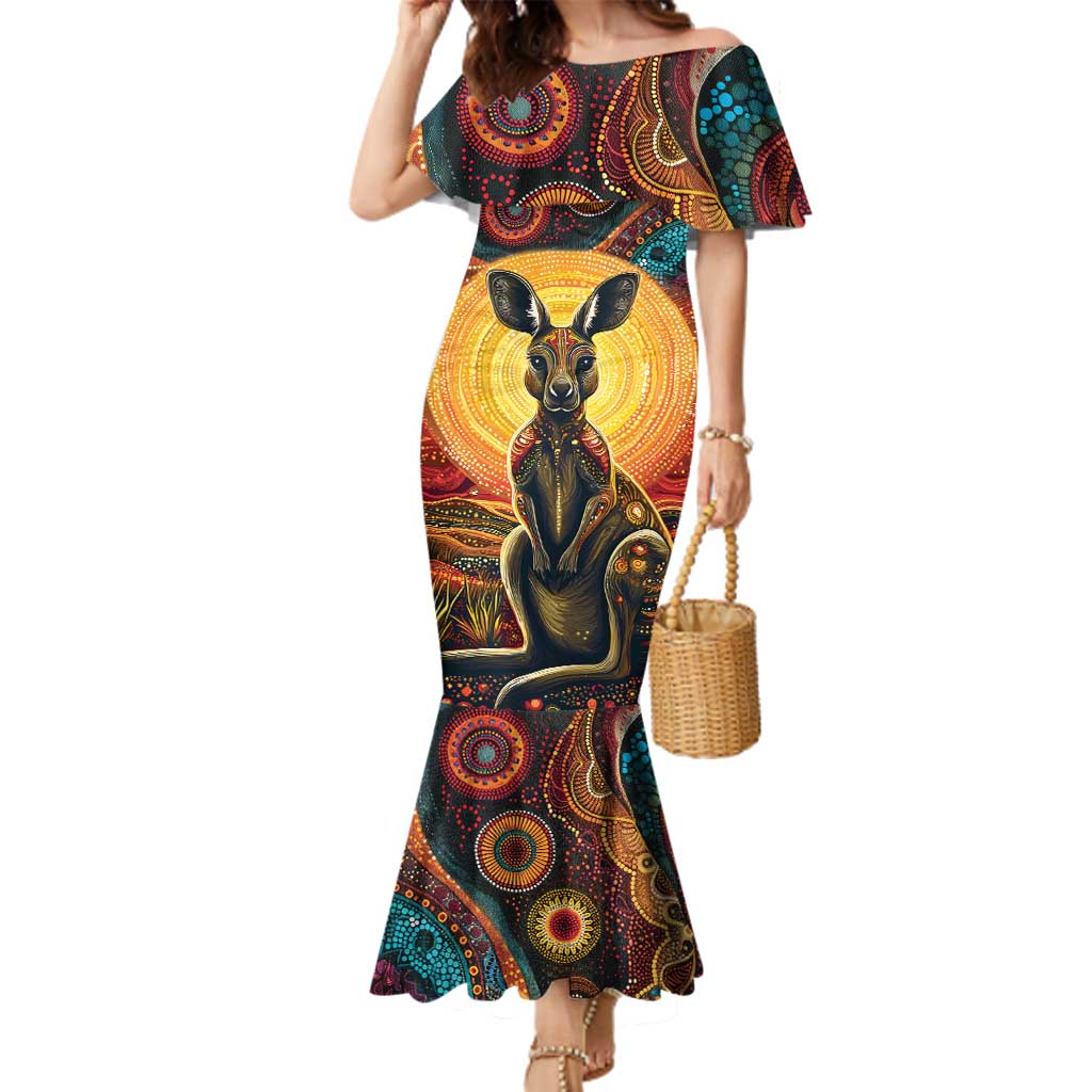 Australian Aboriginal Art Kangaroo Family Matching Mermaid Dress and Hawaiian Shirt Maintain the Dreaming Aboriginal Dot Painting