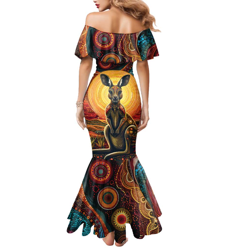 Australian Aboriginal Art Kangaroo Family Matching Mermaid Dress and Hawaiian Shirt Maintain the Dreaming Aboriginal Dot Painting