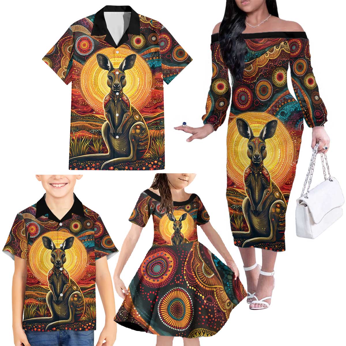 Australian Aboriginal Art Kangaroo Family Matching Off The Shoulder Long Sleeve Dress and Hawaiian Shirt Maintain the Dreaming Aboriginal Dot Painting