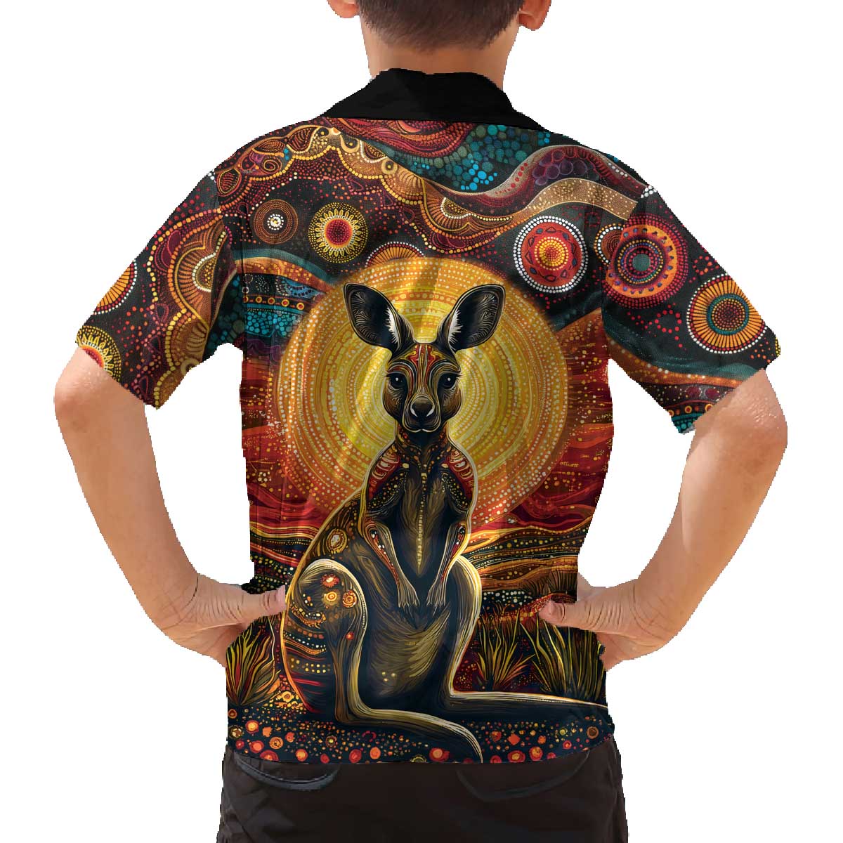 Australian Aboriginal Art Kangaroo Family Matching Off The Shoulder Long Sleeve Dress and Hawaiian Shirt Maintain the Dreaming Aboriginal Dot Painting