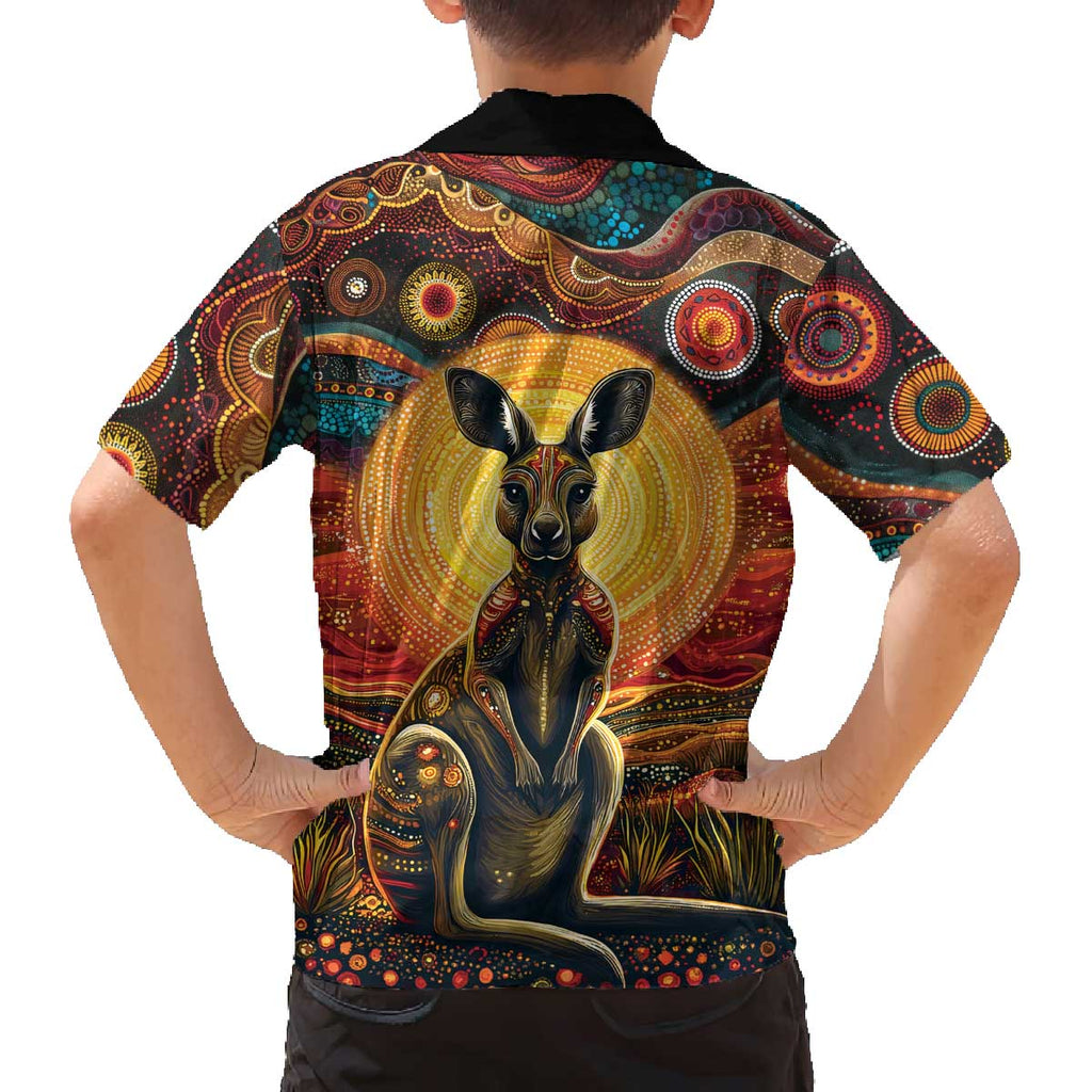Australian Aboriginal Art Kangaroo Family Matching Off The Shoulder Long Sleeve Dress and Hawaiian Shirt Maintain the Dreaming Aboriginal Dot Painting