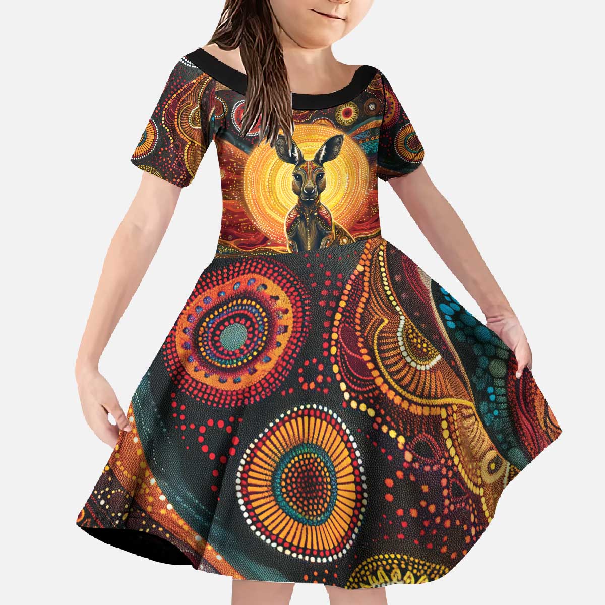 Australian Aboriginal Art Kangaroo Family Matching Off The Shoulder Long Sleeve Dress and Hawaiian Shirt Maintain the Dreaming Aboriginal Dot Painting