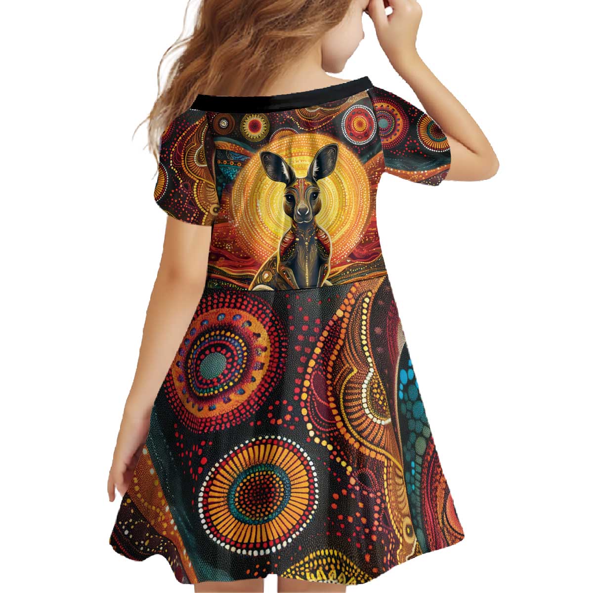 Australian Aboriginal Art Kangaroo Family Matching Off The Shoulder Long Sleeve Dress and Hawaiian Shirt Maintain the Dreaming Aboriginal Dot Painting