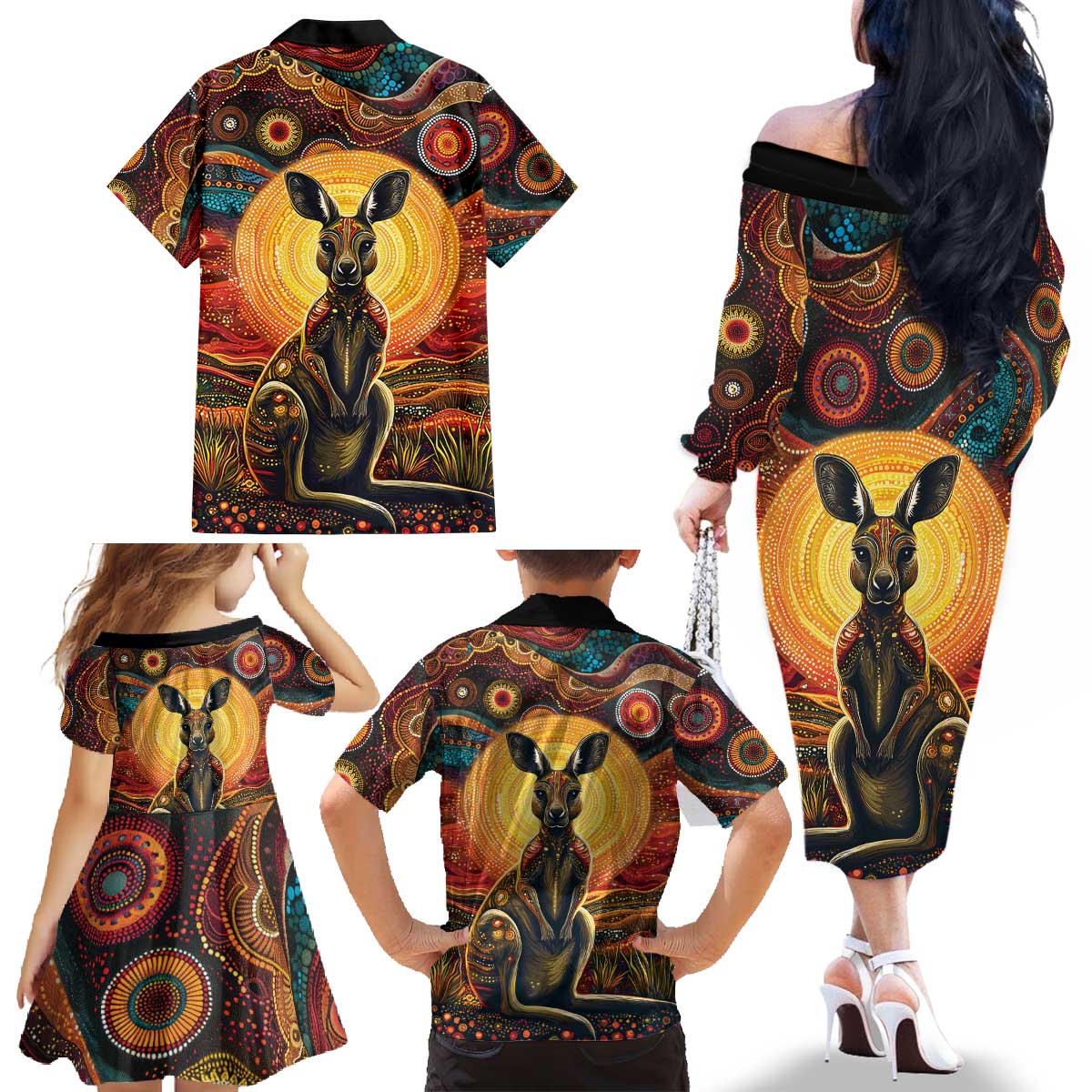 Australian Aboriginal Art Kangaroo Family Matching Off The Shoulder Long Sleeve Dress and Hawaiian Shirt Maintain the Dreaming Aboriginal Dot Painting