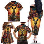 Australian Aboriginal Art Kangaroo Family Matching Off The Shoulder Long Sleeve Dress and Hawaiian Shirt Maintain the Dreaming Aboriginal Dot Painting