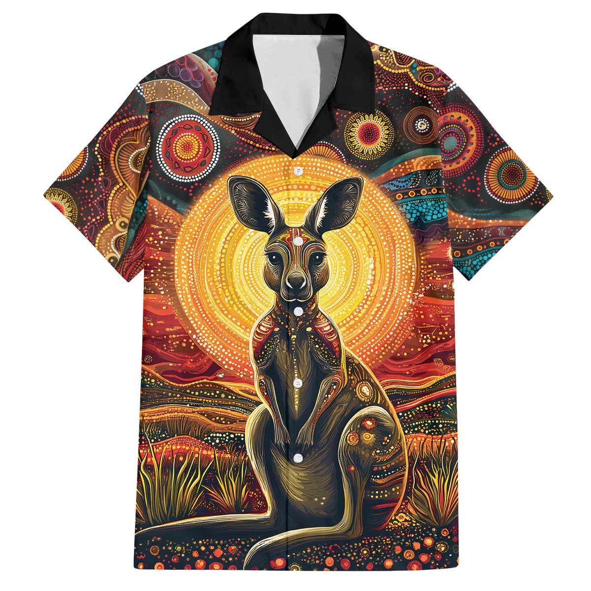 Australian Aboriginal Art Kangaroo Family Matching Off The Shoulder Long Sleeve Dress and Hawaiian Shirt Maintain the Dreaming Aboriginal Dot Painting