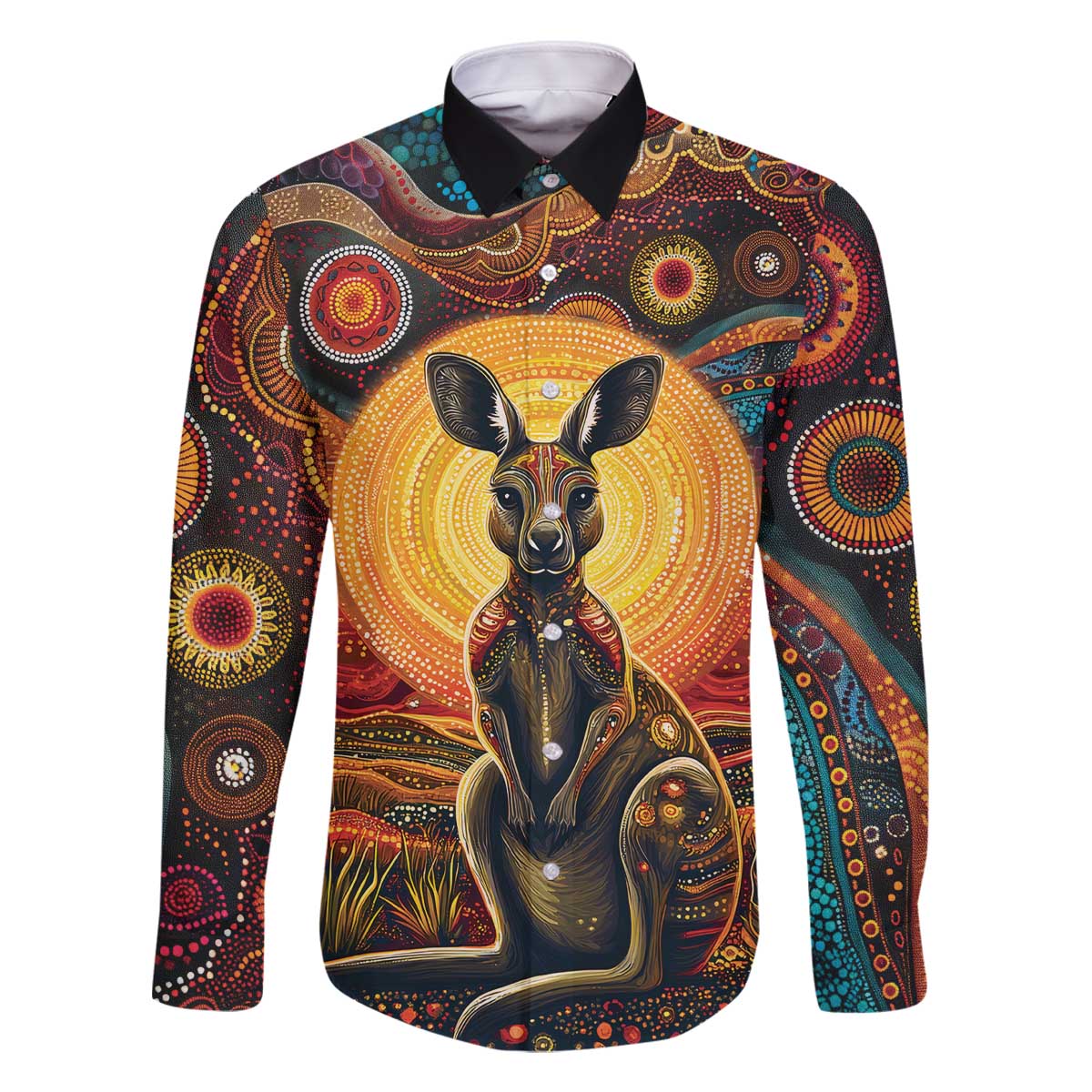 Australian Aboriginal Art Kangaroo Family Matching Off The Shoulder Long Sleeve Dress and Hawaiian Shirt Maintain the Dreaming Aboriginal Dot Painting