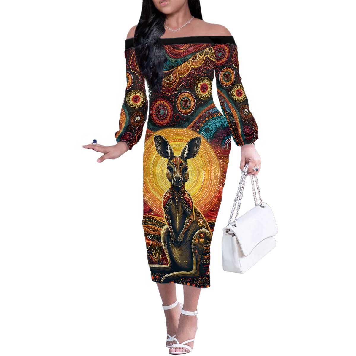 Australian Aboriginal Art Kangaroo Family Matching Off The Shoulder Long Sleeve Dress and Hawaiian Shirt Maintain the Dreaming Aboriginal Dot Painting