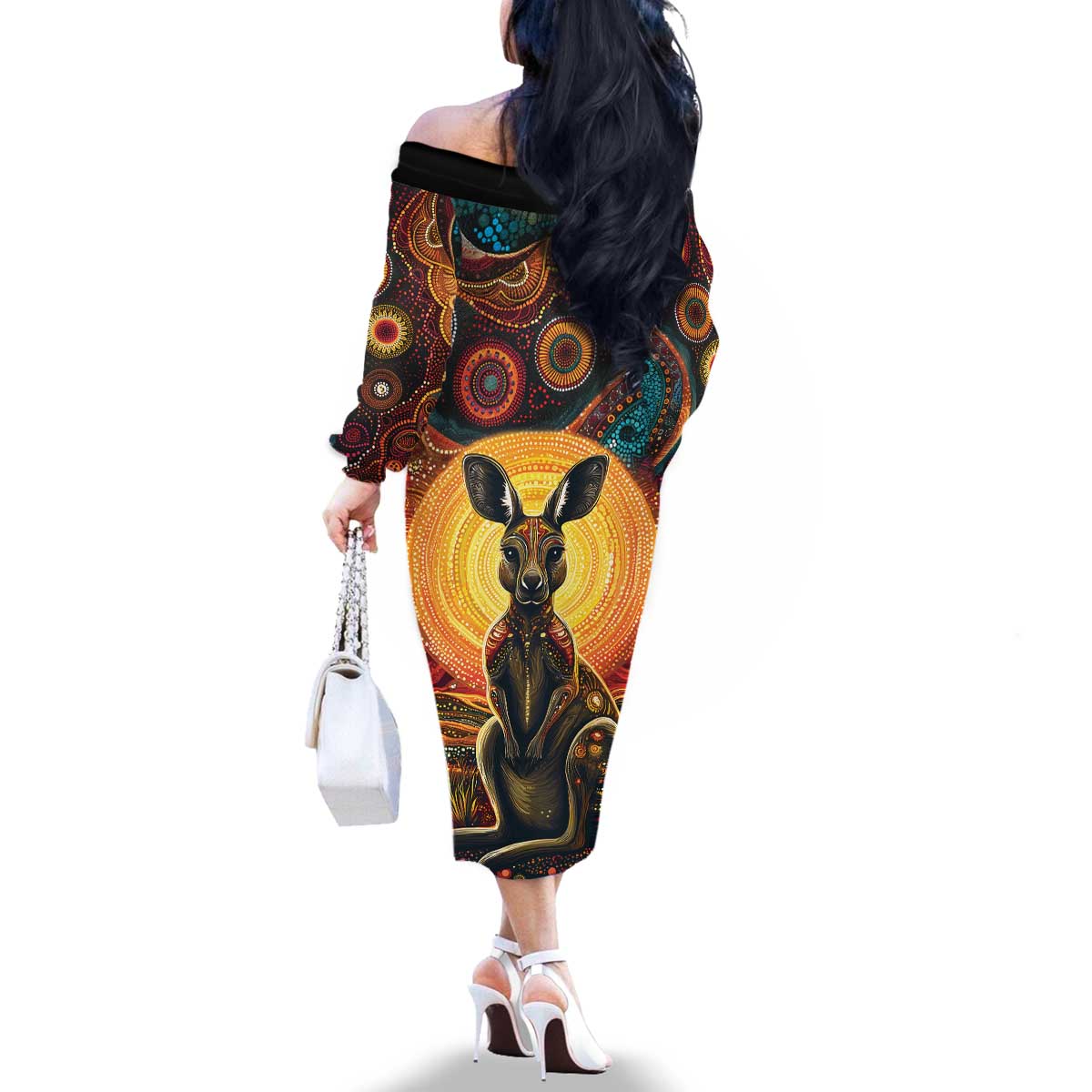 Australian Aboriginal Art Kangaroo Family Matching Off The Shoulder Long Sleeve Dress and Hawaiian Shirt Maintain the Dreaming Aboriginal Dot Painting