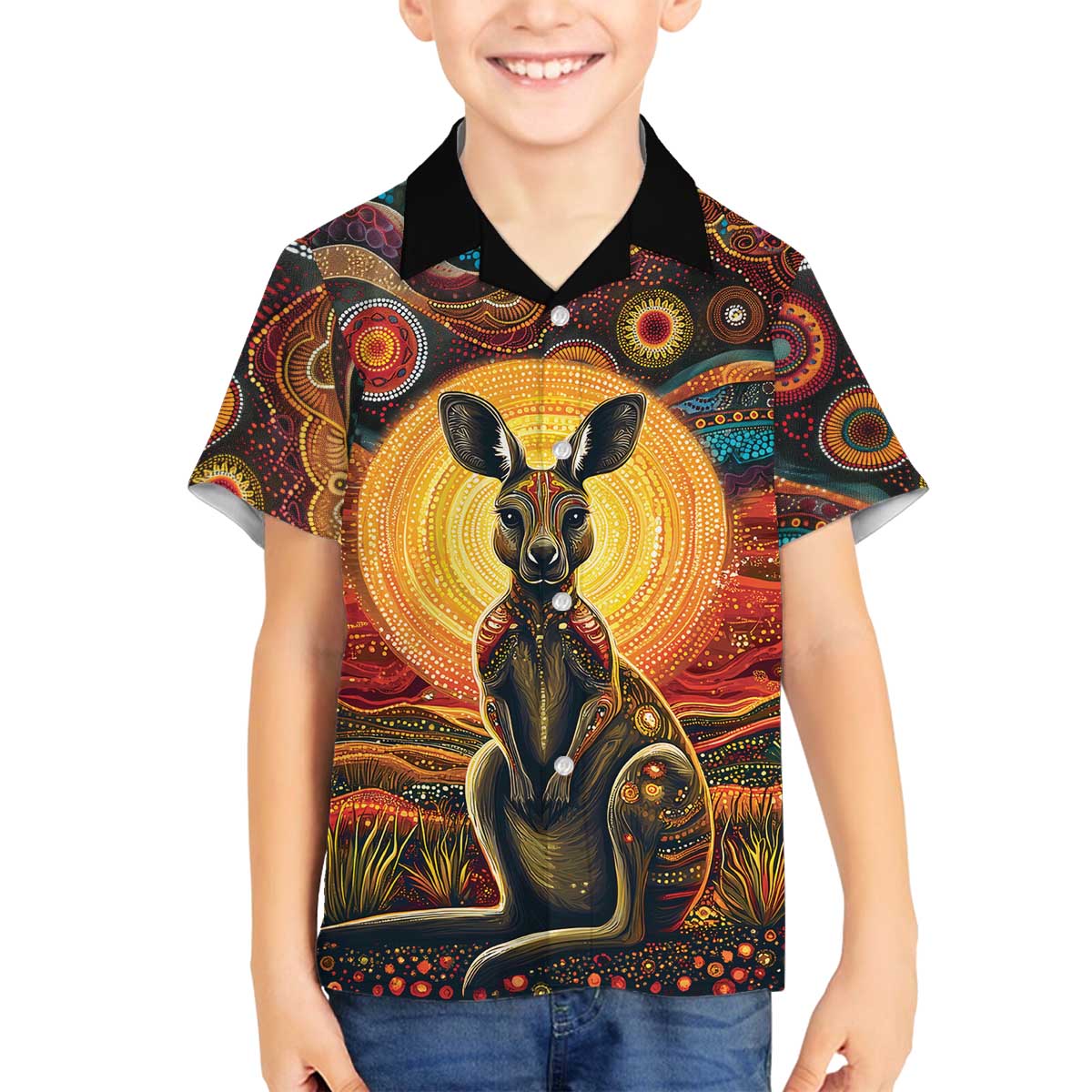 Australian Aboriginal Art Kangaroo Family Matching Off The Shoulder Long Sleeve Dress and Hawaiian Shirt Maintain the Dreaming Aboriginal Dot Painting