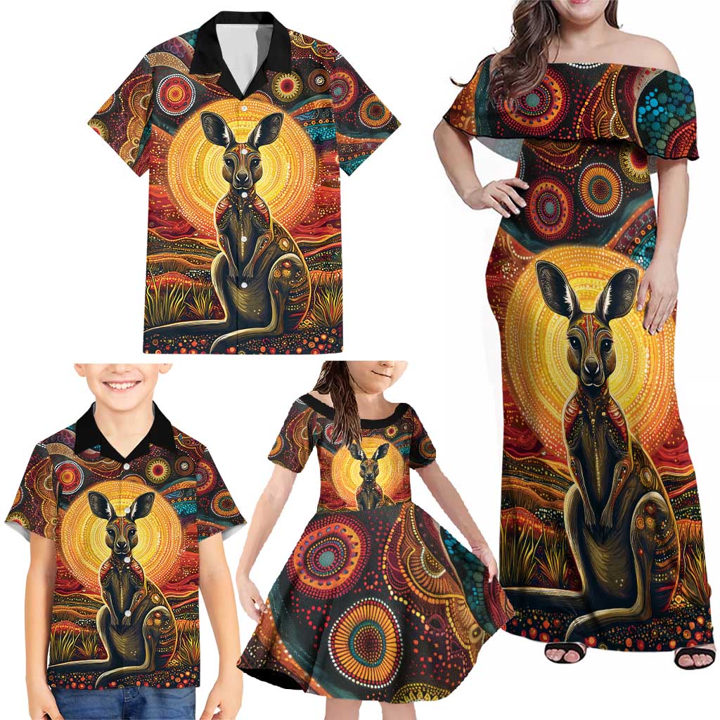 Australian Aboriginal Art Kangaroo Family Matching Off Shoulder Maxi Dress and Hawaiian Shirt Maintain the Dreaming Aboriginal Dot Painting