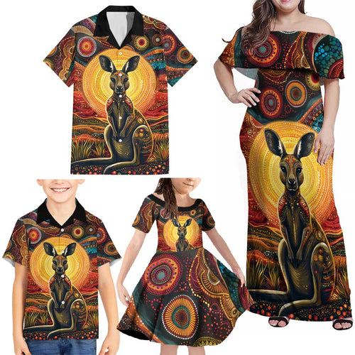 Australian Aboriginal Art Kangaroo Family Matching Off Shoulder Maxi Dress and Hawaiian Shirt Maintain the Dreaming Aboriginal Dot Painting