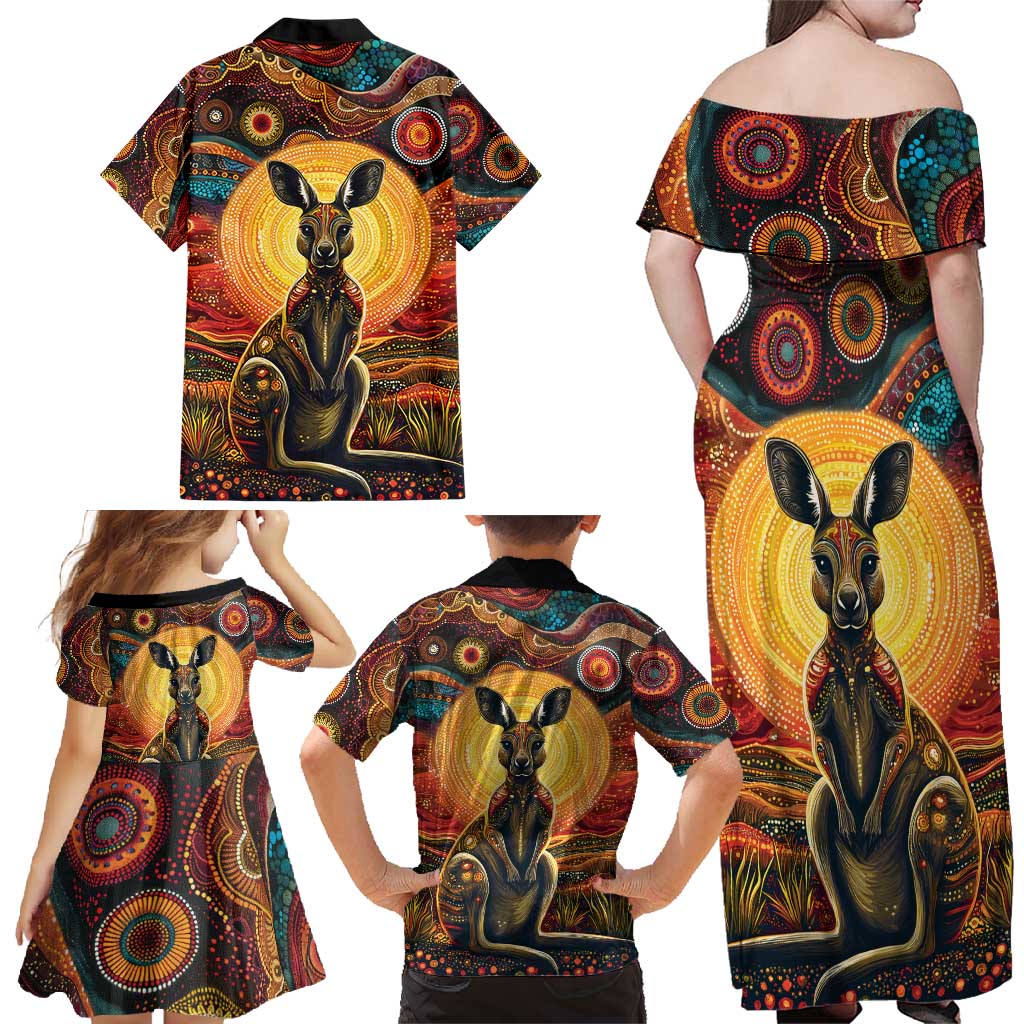 Australian Aboriginal Art Kangaroo Family Matching Off Shoulder Maxi Dress and Hawaiian Shirt Maintain the Dreaming Aboriginal Dot Painting