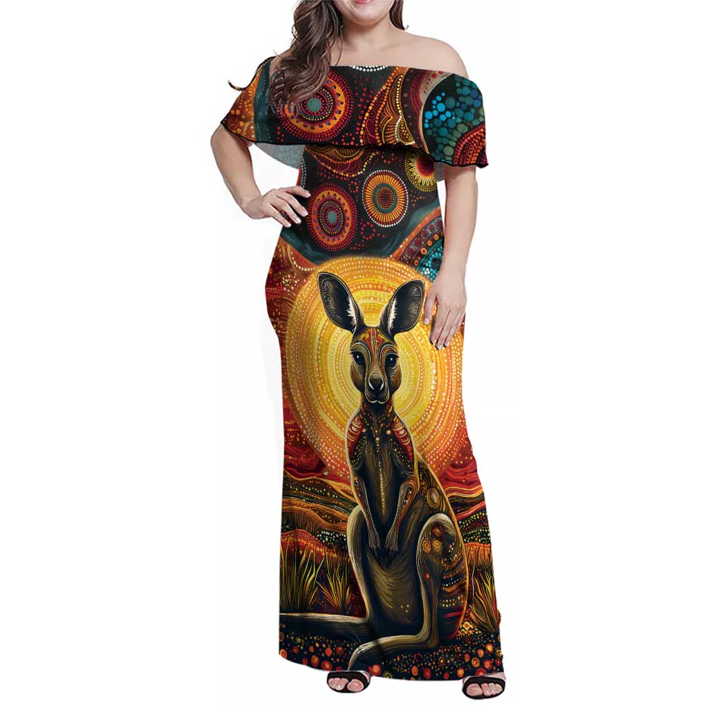 Australian Aboriginal Art Kangaroo Family Matching Off Shoulder Maxi Dress and Hawaiian Shirt Maintain the Dreaming Aboriginal Dot Painting