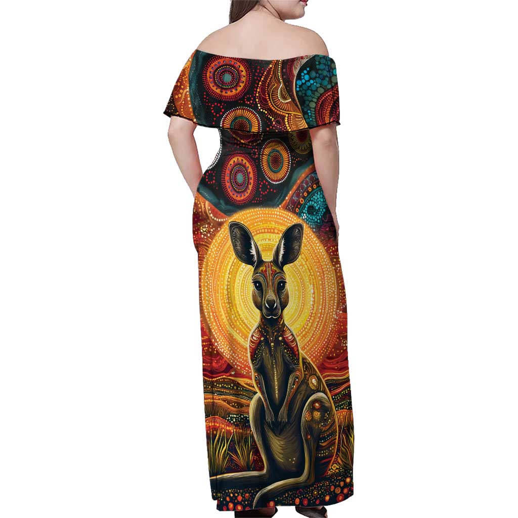 Australian Aboriginal Art Kangaroo Family Matching Off Shoulder Maxi Dress and Hawaiian Shirt Maintain the Dreaming Aboriginal Dot Painting
