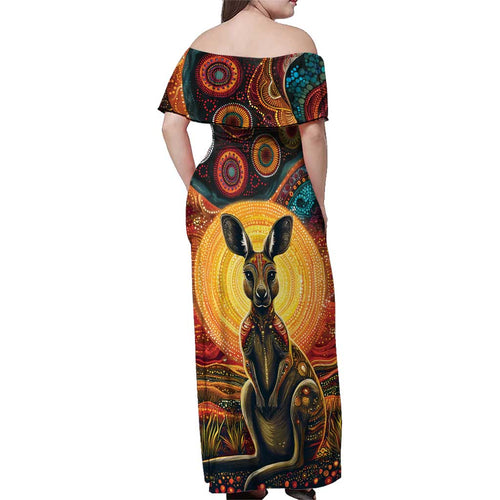 Australian Aboriginal Art Kangaroo Family Matching Off Shoulder Maxi Dress and Hawaiian Shirt Maintain the Dreaming Aboriginal Dot Painting