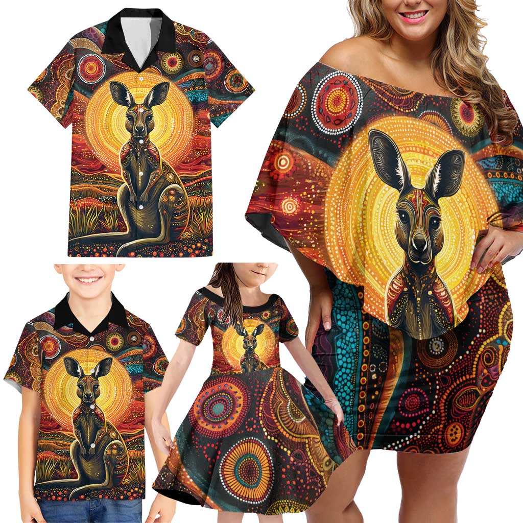 Australian Aboriginal Art Kangaroo Family Matching Off Shoulder Short Dress and Hawaiian Shirt Maintain the Dreaming Aboriginal Dot Painting