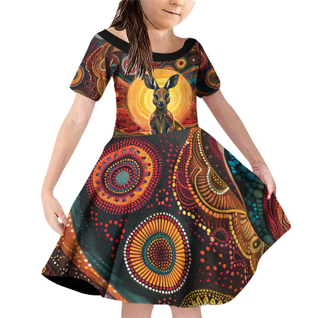 Australian Aboriginal Art Kangaroo Family Matching Off Shoulder Short Dress and Hawaiian Shirt Maintain the Dreaming Aboriginal Dot Painting