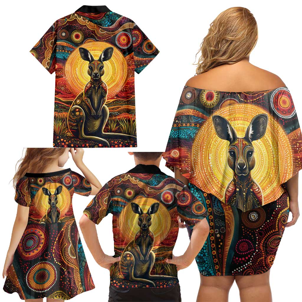 Australian Aboriginal Art Kangaroo Family Matching Off Shoulder Short Dress and Hawaiian Shirt Maintain the Dreaming Aboriginal Dot Painting