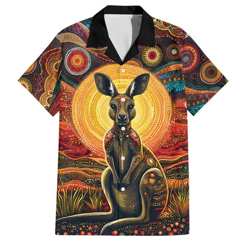 Australian Aboriginal Art Kangaroo Family Matching Off Shoulder Short Dress and Hawaiian Shirt Maintain the Dreaming Aboriginal Dot Painting