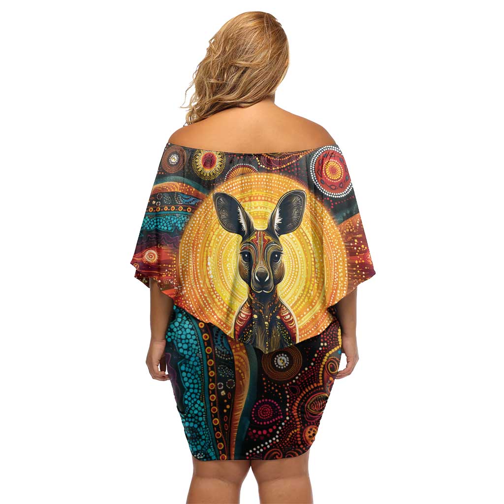 Australian Aboriginal Art Kangaroo Family Matching Off Shoulder Short Dress and Hawaiian Shirt Maintain the Dreaming Aboriginal Dot Painting