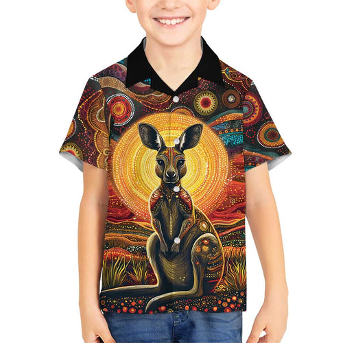 Australian Aboriginal Art Kangaroo Family Matching Off Shoulder Short Dress and Hawaiian Shirt Maintain the Dreaming Aboriginal Dot Painting