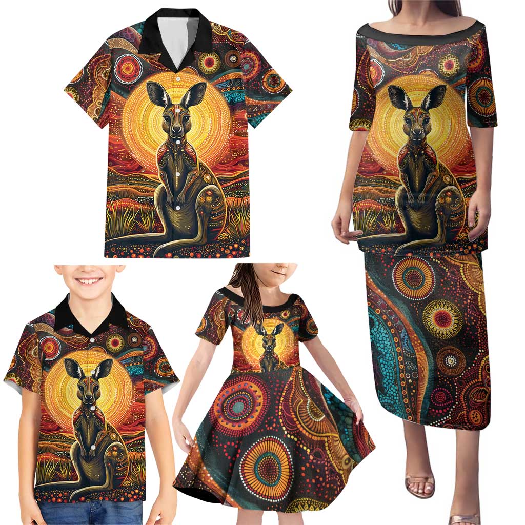 Australian Aboriginal Art Kangaroo Family Matching Puletasi and Hawaiian Shirt Maintain the Dreaming Aboriginal Dot Painting