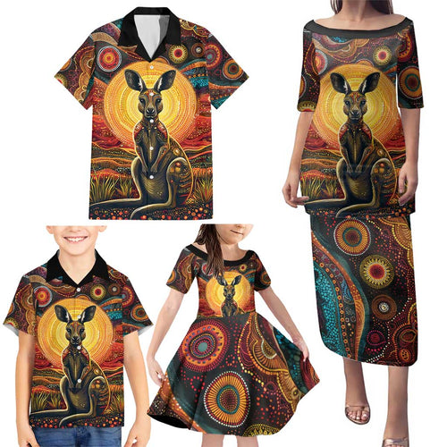 Australian Aboriginal Art Kangaroo Family Matching Puletasi and Hawaiian Shirt Maintain the Dreaming Aboriginal Dot Painting