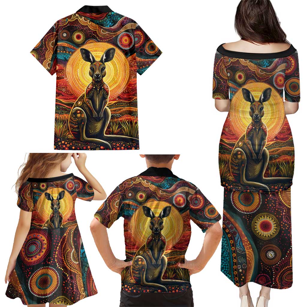 Australian Aboriginal Art Kangaroo Family Matching Puletasi and Hawaiian Shirt Maintain the Dreaming Aboriginal Dot Painting