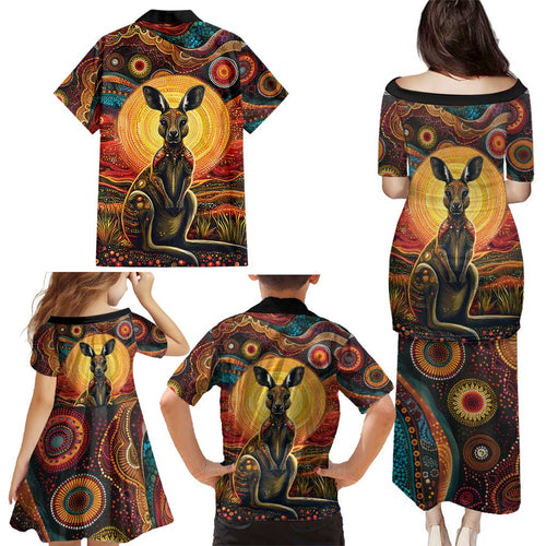 Australian Aboriginal Art Kangaroo Family Matching Puletasi and Hawaiian Shirt Maintain the Dreaming Aboriginal Dot Painting