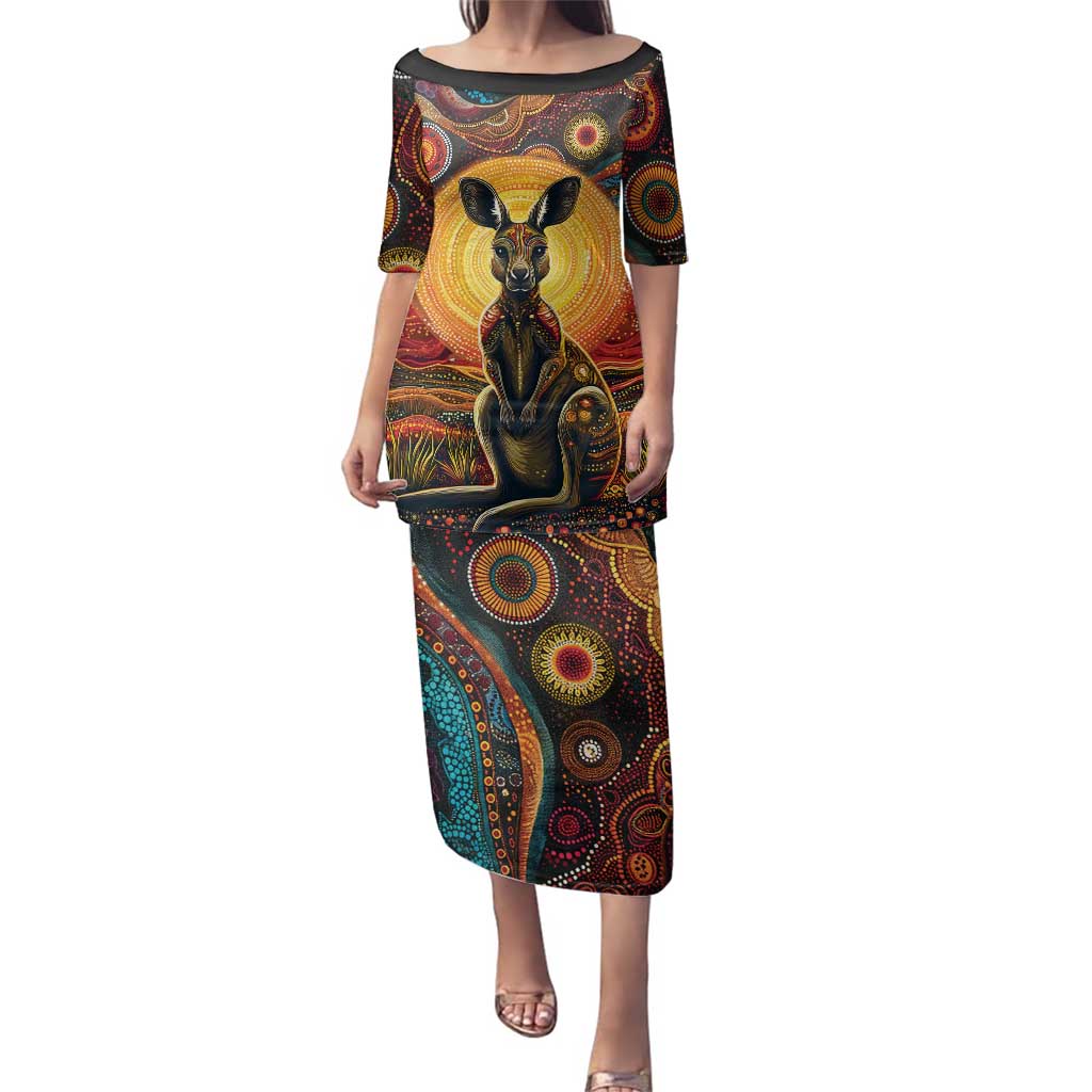 Australian Aboriginal Art Kangaroo Family Matching Puletasi and Hawaiian Shirt Maintain the Dreaming Aboriginal Dot Painting
