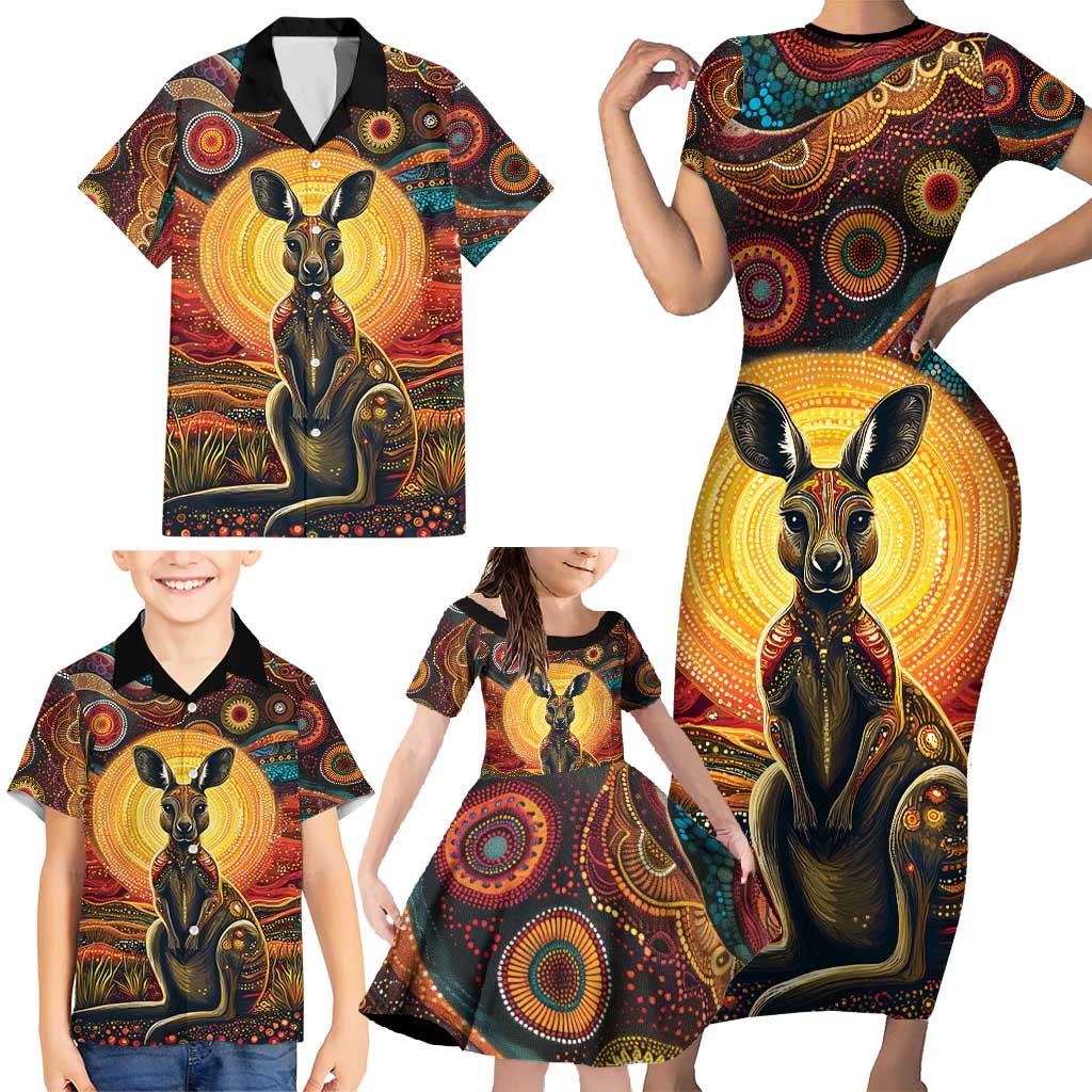 Australian Aboriginal Art Kangaroo Family Matching Short Sleeve Bodycon Dress and Hawaiian Shirt Maintain the Dreaming Aboriginal Dot Painting